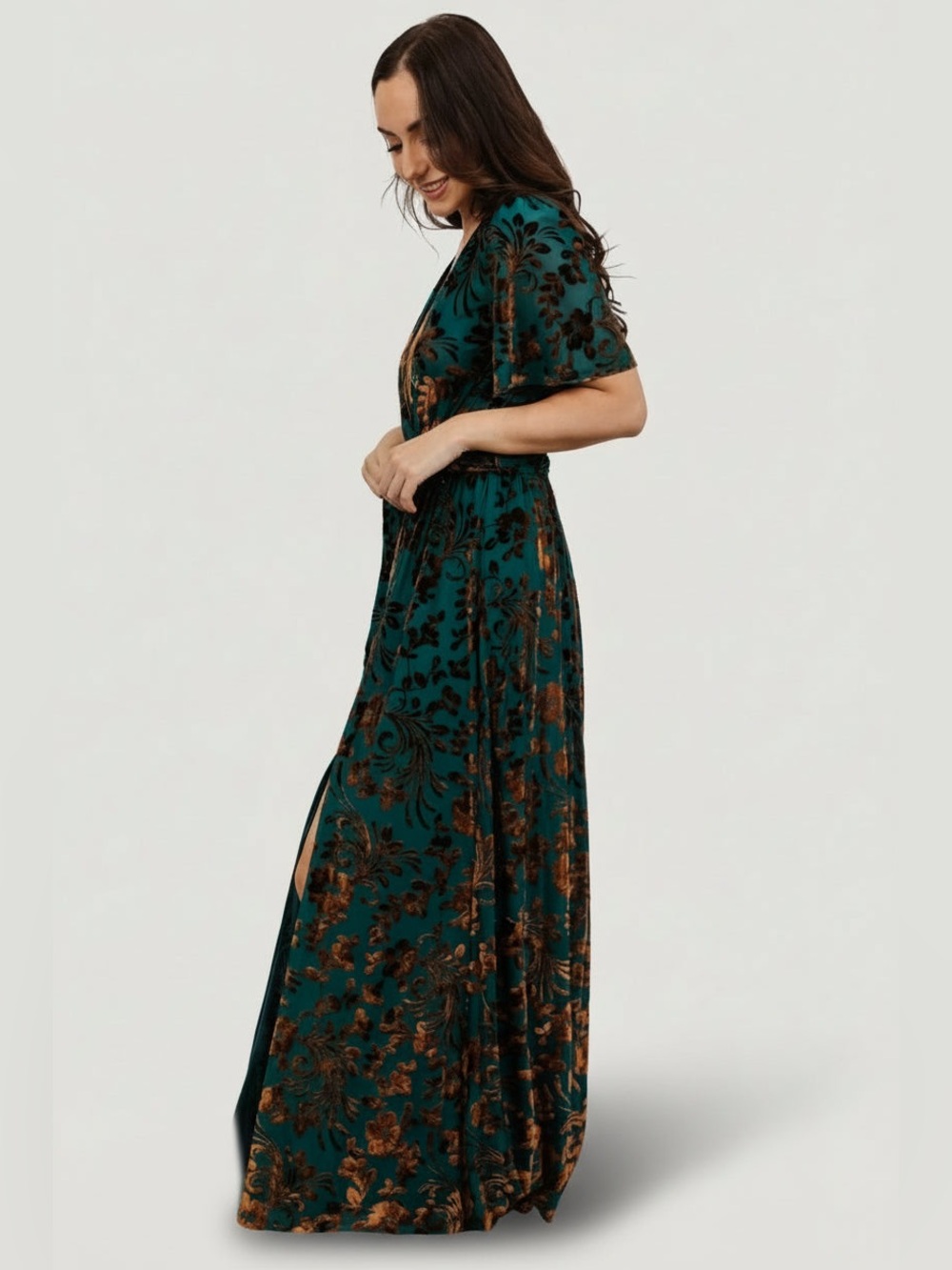 Baltic Born Uma Velvet Maxi Dress Jade Green Bronze Floral XL fall wedding guest - Picture 14 of 16
